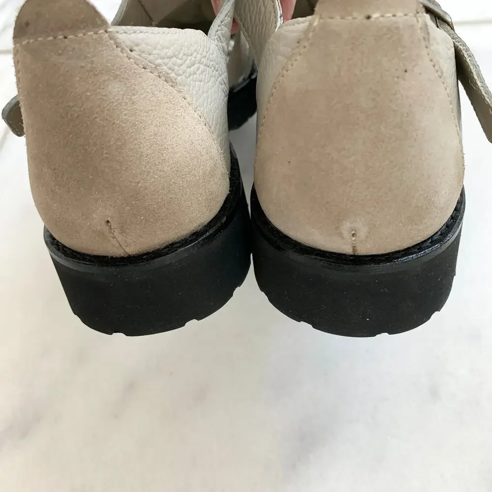 NEW Taft Buckled Cage Leather Mixed Media Fisherman Sandals Shoe Beige Tan 9